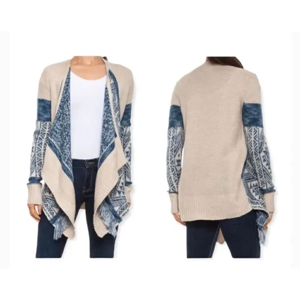 LUCKY BRAND Open Front Heritage Cardigan Sweater with Fringe Detail
